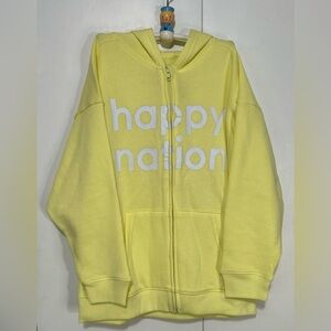 Happy Nation Big Girl Highlighter Yellow Fleece Lined Zip Hoodie Pockets Medium